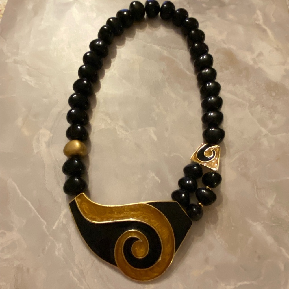 Vintage Signed Trifari Statement Black Lucite Beads